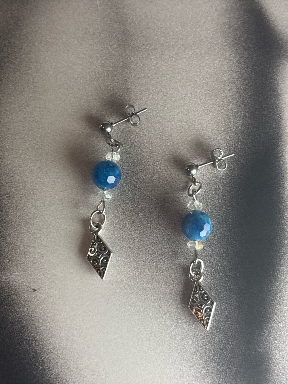Sterling-Style Blue Bead Drop Earrings with Filigree Charm